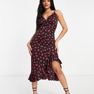 Frill Detail Dress with Black and Pink Print